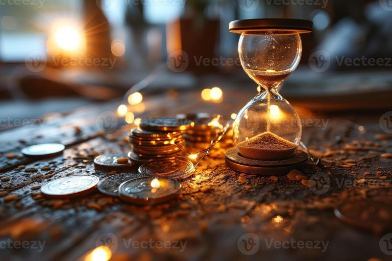 reloj de arena y facturas en mesa